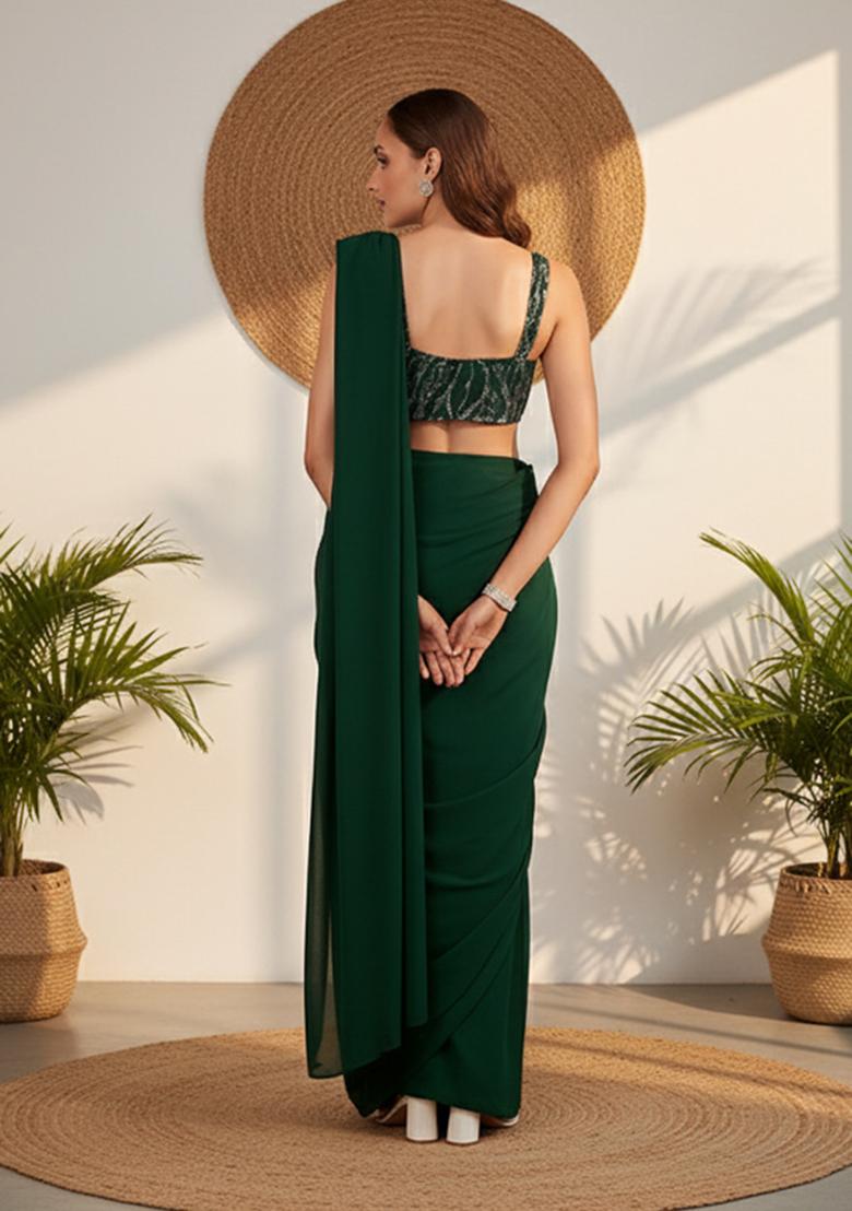 Green Sequins Embroidery Net Pre Draped Saree Set - Indya