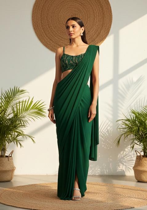 Green Sequins Embroidery Net Pre Draped Saree Set