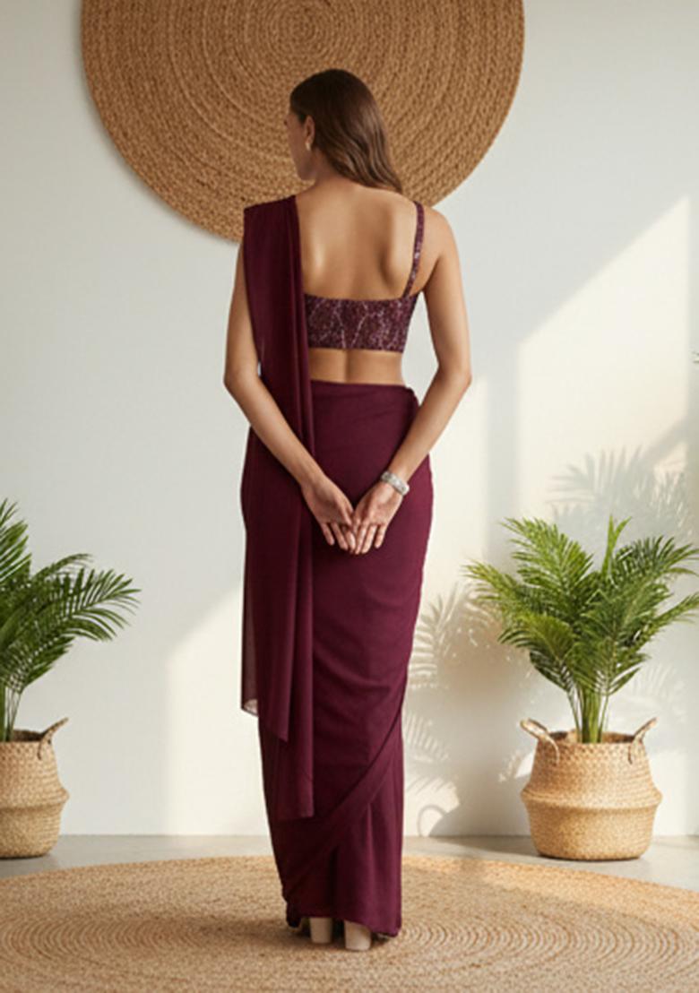 Magenta Sequins Embroidery Net Pre Draped Saree Set - Indya