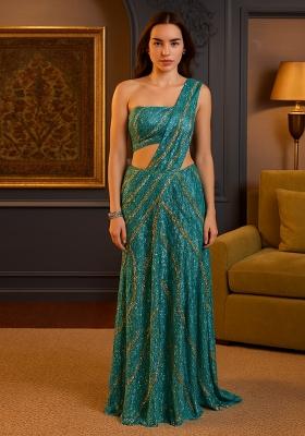 Blue Sequins Embroidery Net Pre Draped Saree Set