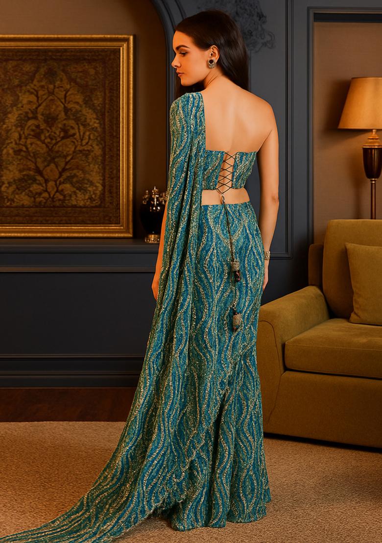 Blue Sequins Embroidery Net Pre Draped Saree Set - Indya