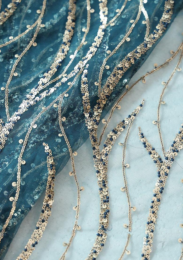 Blue Sequins Embroidery Net Pre Draped Saree Set - Indya