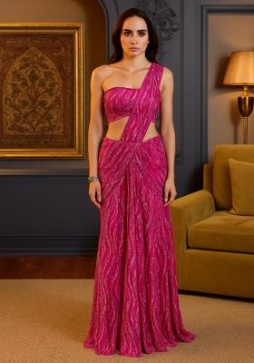 Pink Sequins Embroidery Net Pre Draped Saree Set