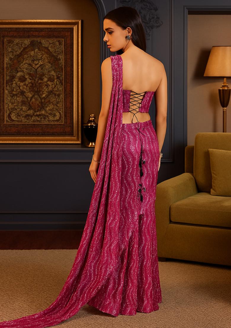 Pink Sequins Embroidery Net Pre Draped Saree Set - Indya