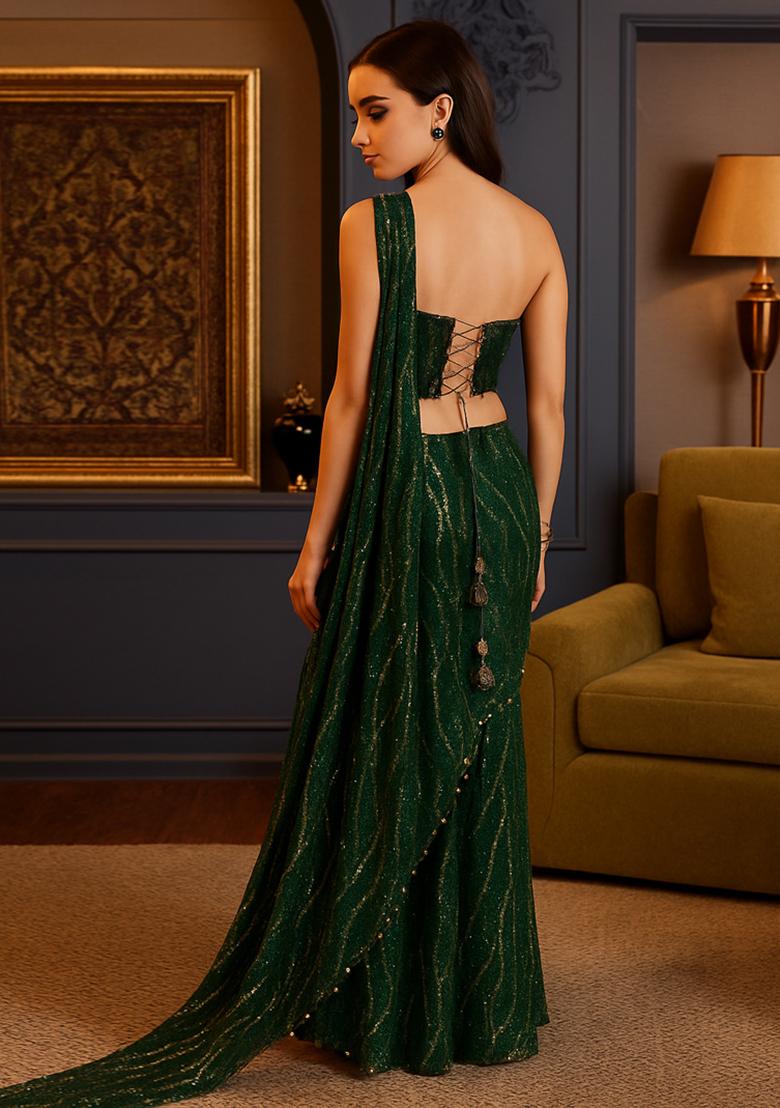 Green Sequins Embroidery Net Pre Draped Saree Set - Indya