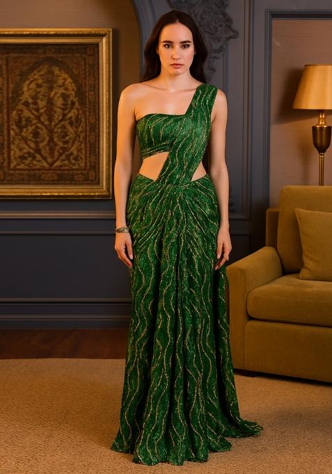 Green Sequins Embroidery Net Pre Draped Saree Set