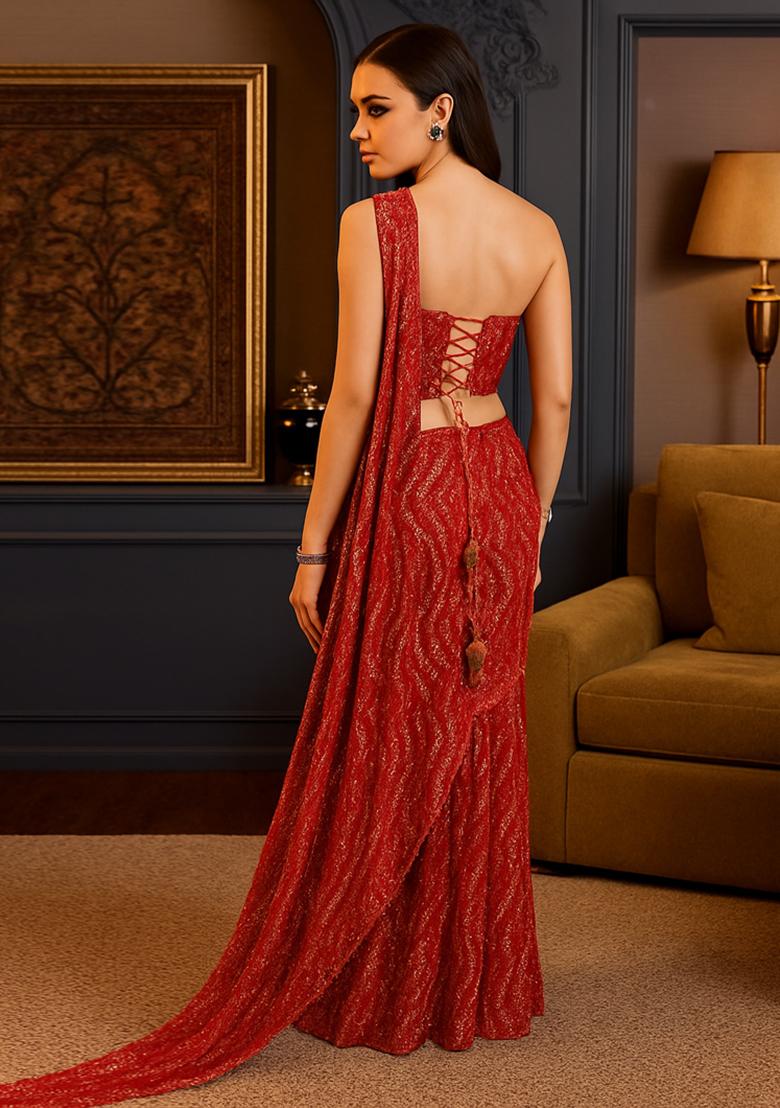 Red Sequins Embroidery Net Pre Draped Saree Set - Indya