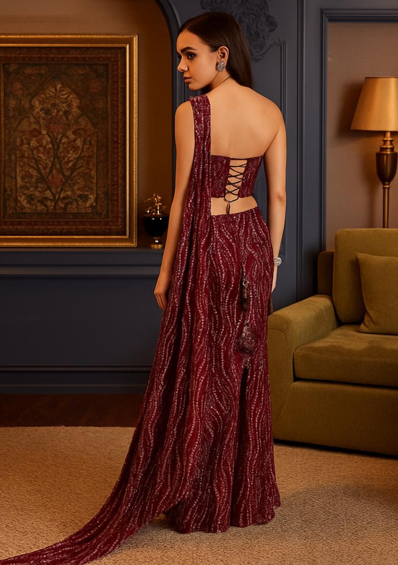 Magenta Sequins Embroidery Net Pre Draped Saree Set - Indya