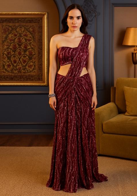 Magenta Sequins Embroidery Net Pre Draped Saree Set