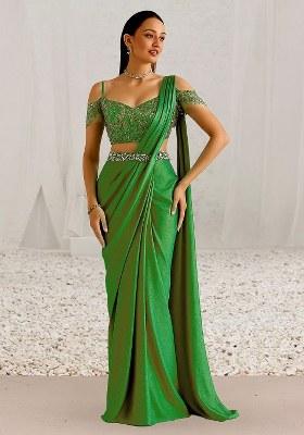 Pastel Green Sequins Embroidery Net Pre Draped Saree Set