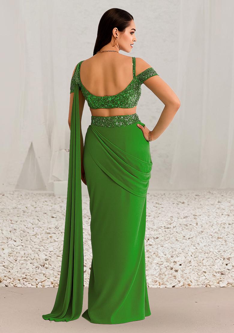 Pastel Green Sequins Embroidery Net Pre Draped Saree Set - Indya