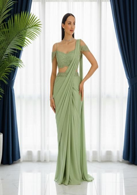 Green Sequins Embroidery Net Pre Draped Saree Set