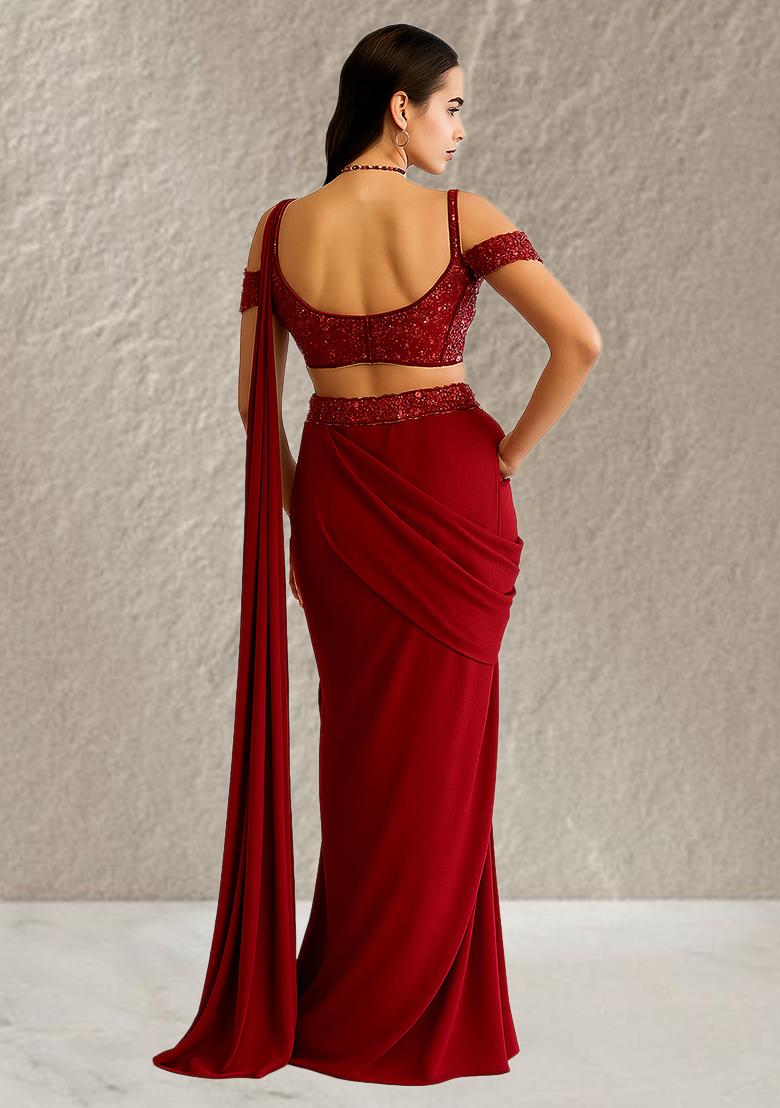 Maroon Sequins Embroidery Net Pre Draped Saree Set - Indya