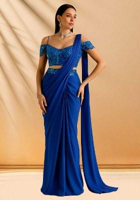 Blue Sequins Embroidery Net Pre Draped Saree Set