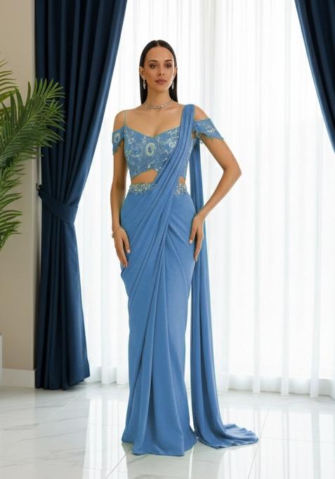 Dark Blue Sequins Embroidery Net Pre Draped Saree Set