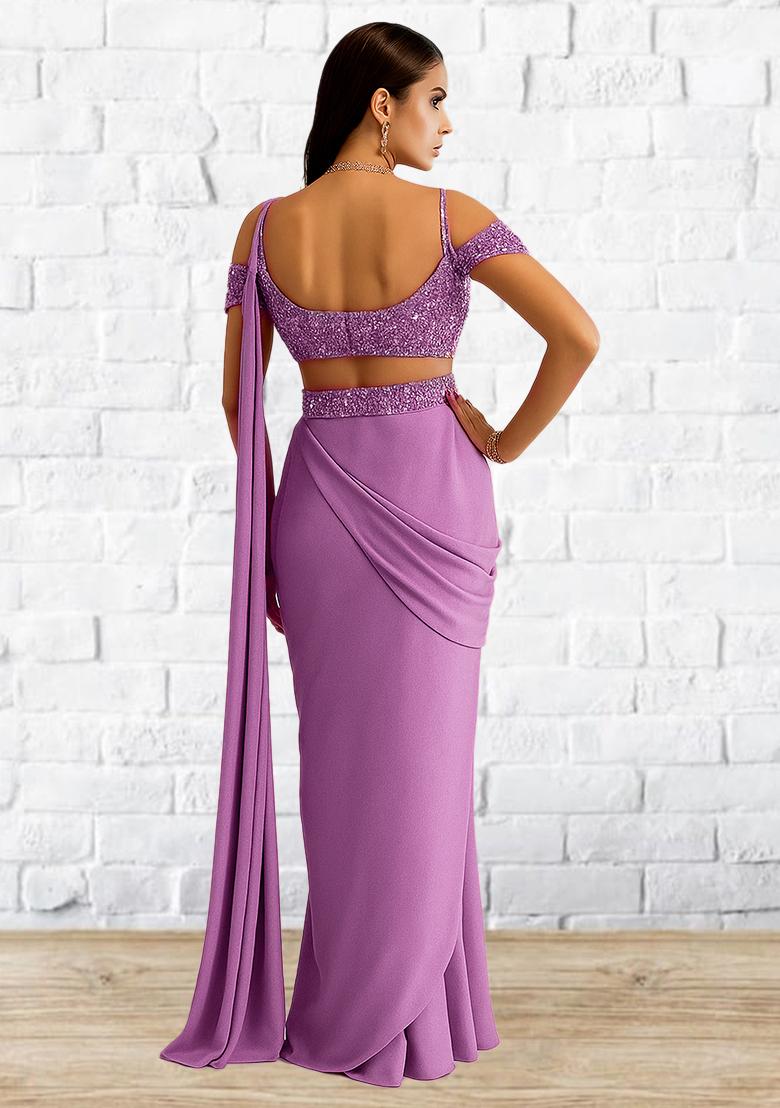 Lavender Sequins Embroidery Net Pre Draped Saree Set - Indya