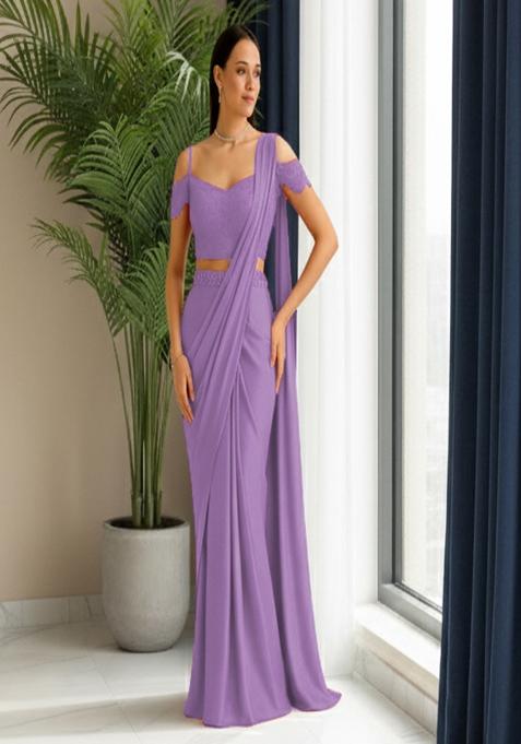 Purple Sequins Embroidery Net Pre Draped Saree Set