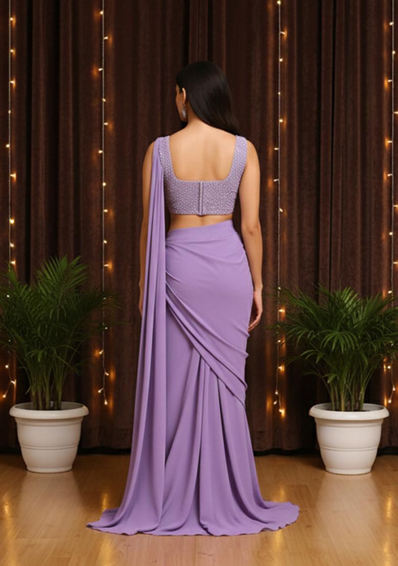Purple Embroidery With Pearl And Cutdana Net Pre Draped Saree Set - Indya