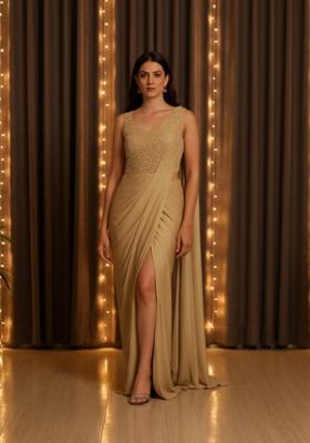 Golden Embroidery With Pearl And Cutdana Net Pre Draped Saree Set