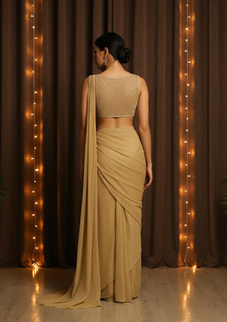 Golden Embroidery With Pearl And Cutdana Net Pre Draped Saree Set - Indya