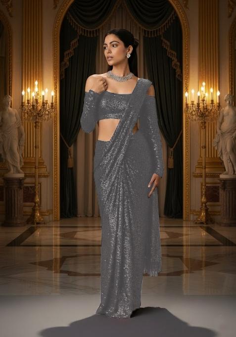 Silver Sequins Embroidery Net Pre Draped Saree Set