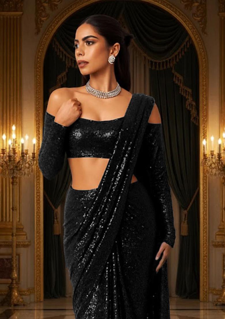 Black Sequins Embroidery Net Pre Draped Saree Set - Indya