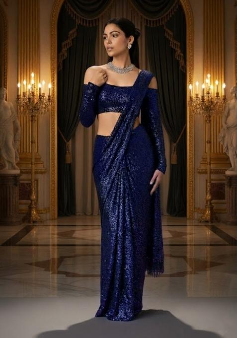Dark Blue Sequins Embroidery Net Pre Draped Saree Set