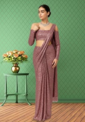 Pink Sequins Embroidery Net Pre Draped Saree Set