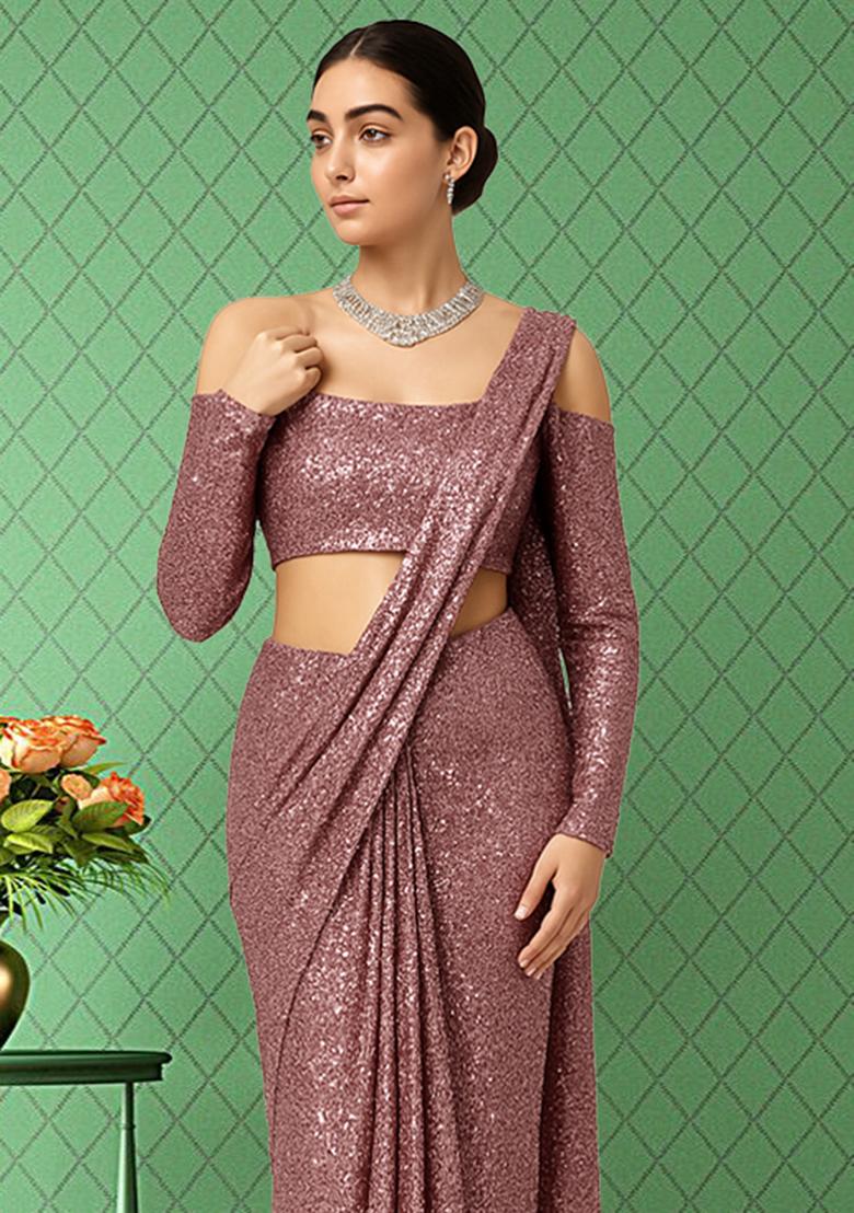 Pink Sequins Embroidery Net Pre Draped Saree Set - Indya
