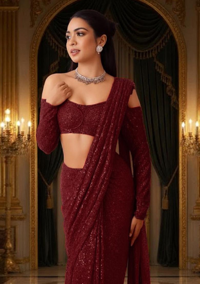 Maroon Sequins Embroidery Net Pre Draped Saree Set - Indya