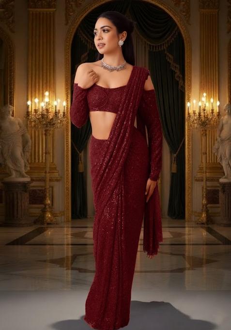 Red Sequins Embroidery Net Pre Draped Saree Set