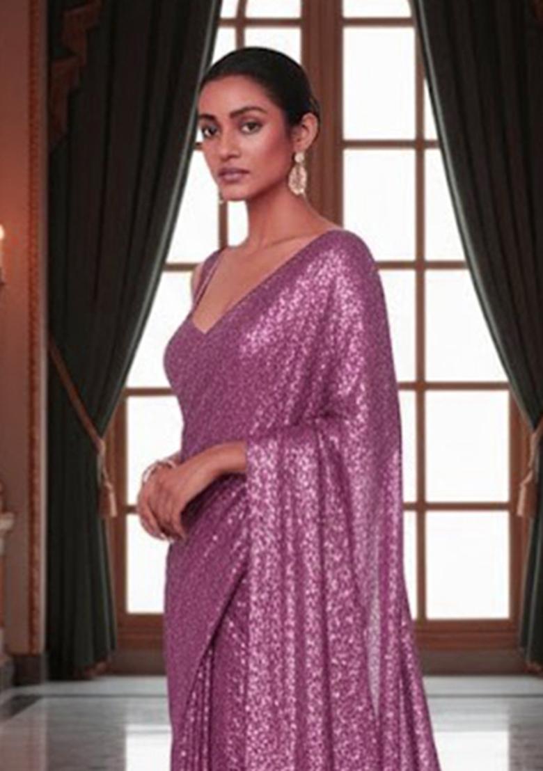 Lavender Sequins Embroidery Net Pre Draped Saree Set - Indya