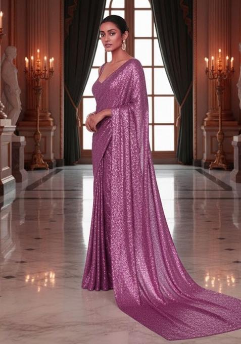 Purple Sequins Embroidery Net Pre Draped Saree Set