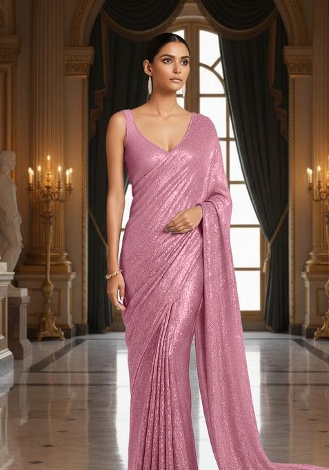 Dark Blue Sequins Embroidery Net Pre Draped Saree Set