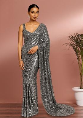 Silver Sequins Embroidery Net Pre Draped Saree Set