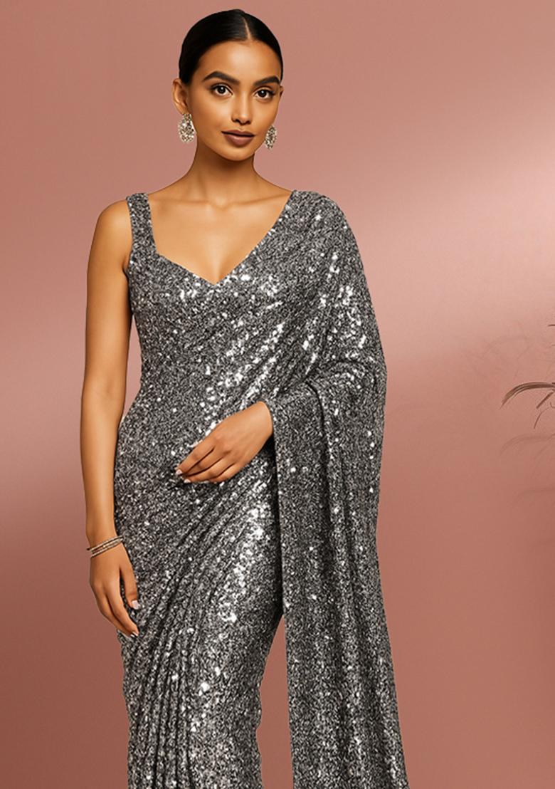 Silver Sequins Embroidery Net Pre Draped Saree Set - Indya