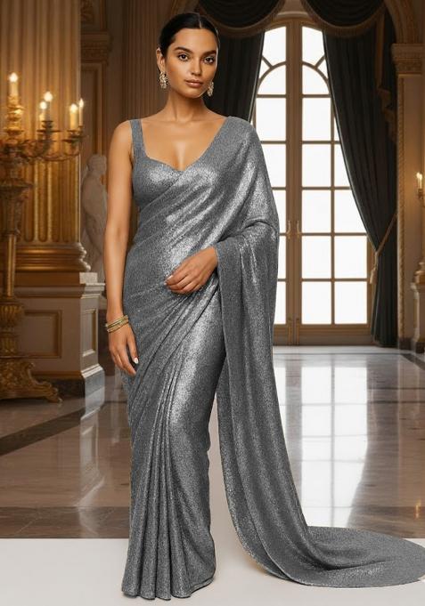 Grey Sequins Embroidery Net Pre Draped Saree Set