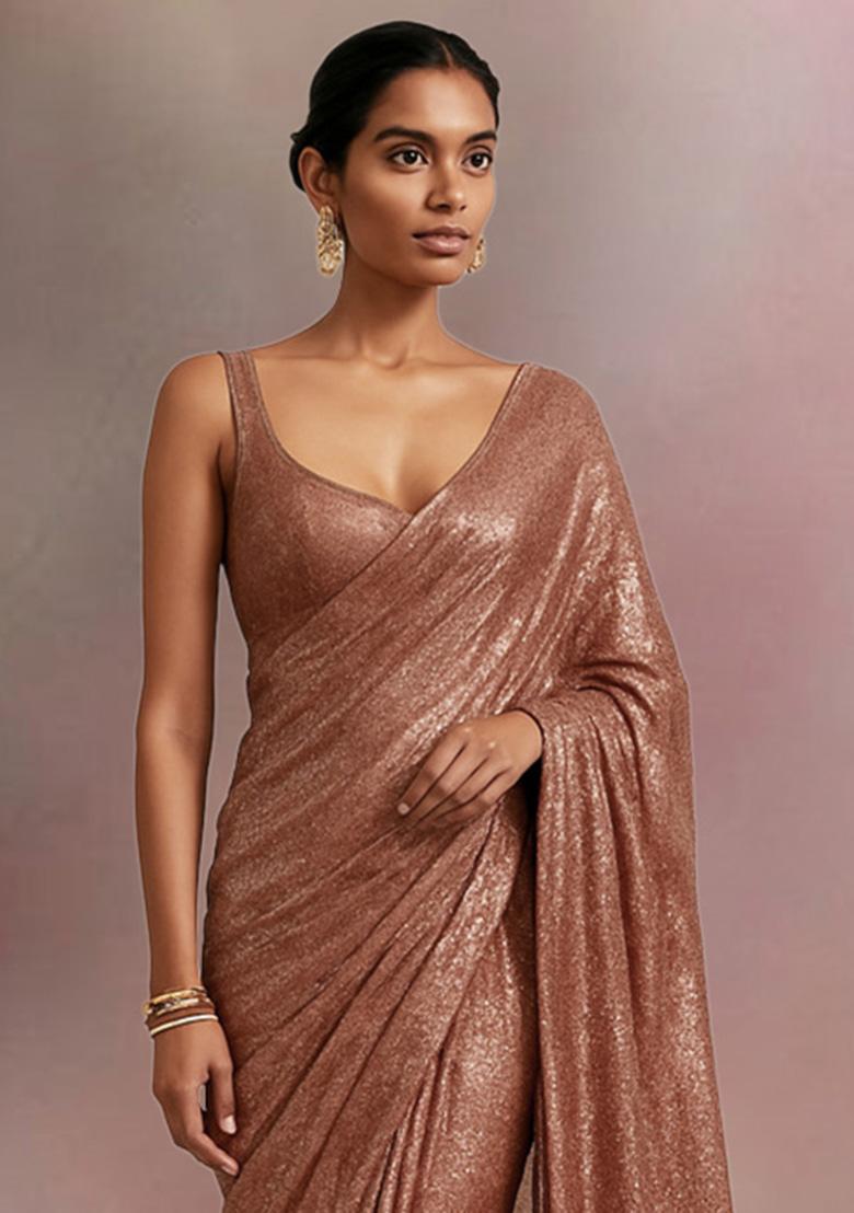 Lt Peach Sequins Embroidery Net Pre Draped Saree Set - Indya