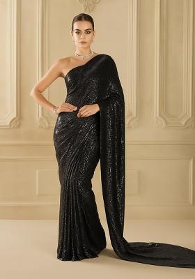Black Sequins Embroidery Net Pre Draped Saree Set