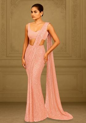 Pastel Pink Sequins Embroidery Net Pre Draped Saree Set