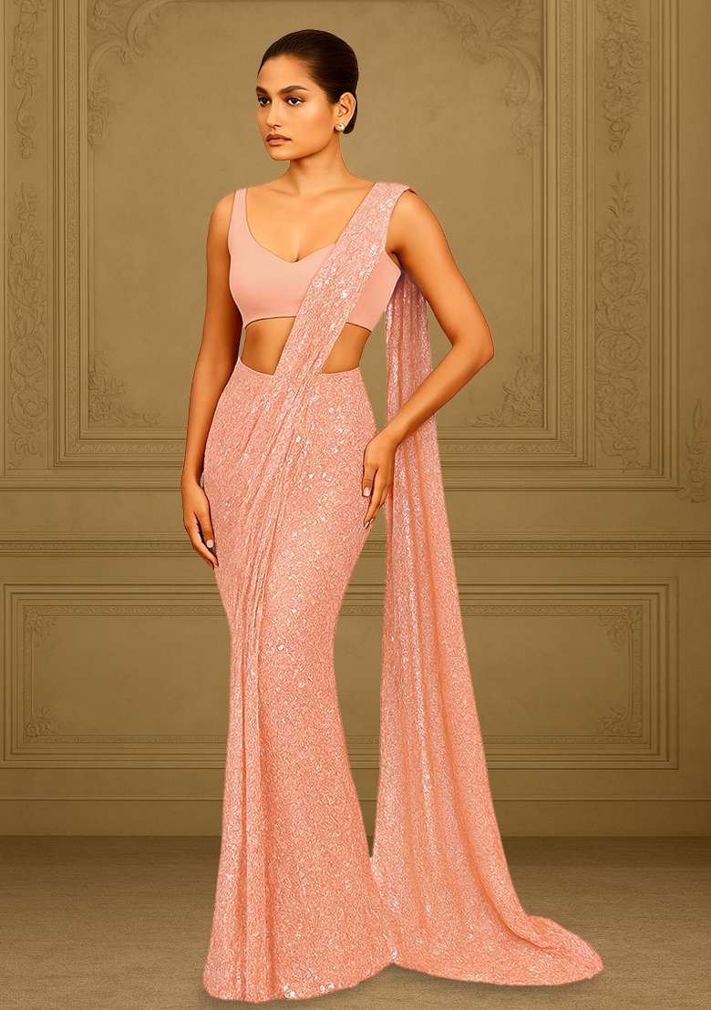 Pastel Pink Sequins Embroidery Net Pre Draped Saree Set for Diwali and Festive Wear - Indya