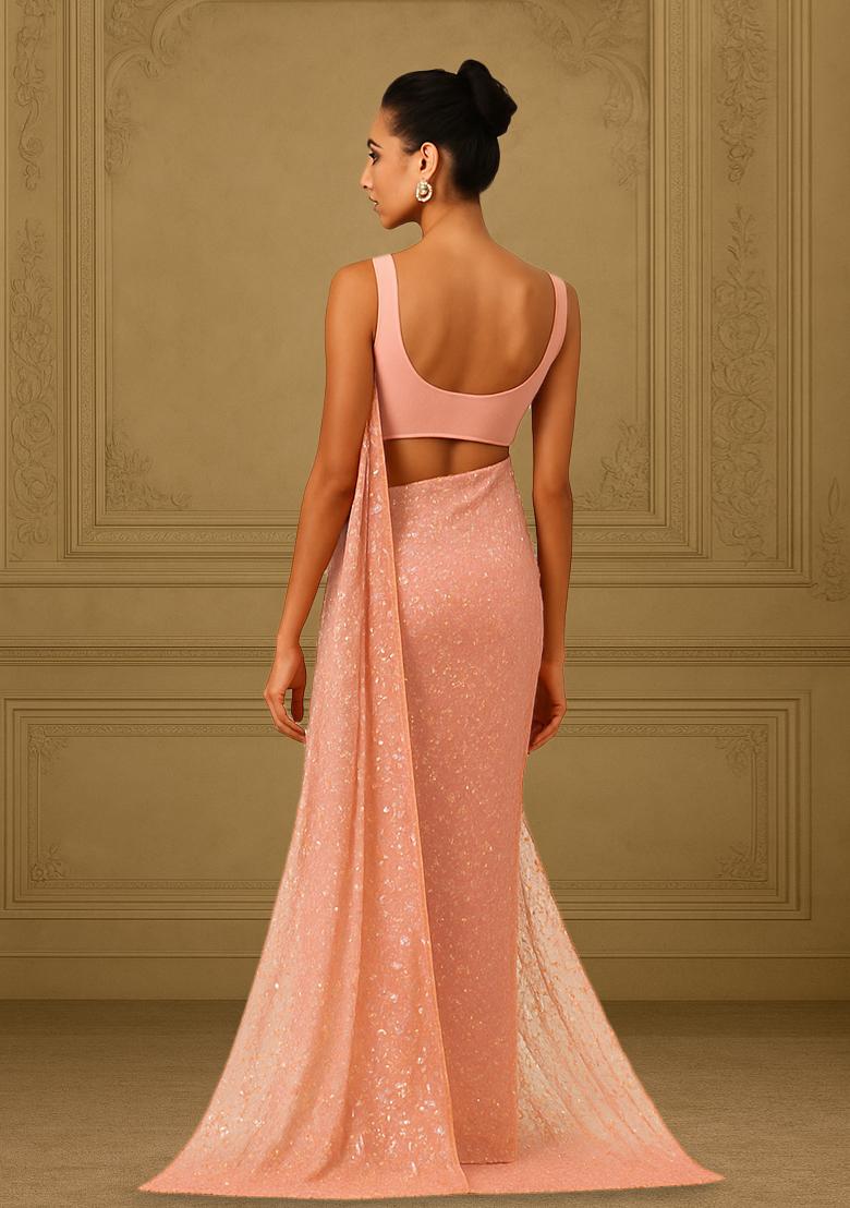 Pastel Pink Sequins Embroidery Net Pre Draped Saree Set - Indya