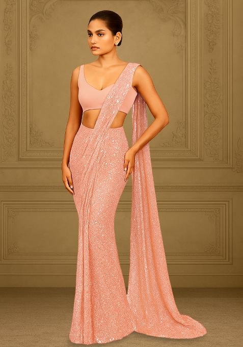 Pastel Pink Sequins Embroidery Net Pre Draped Saree Set