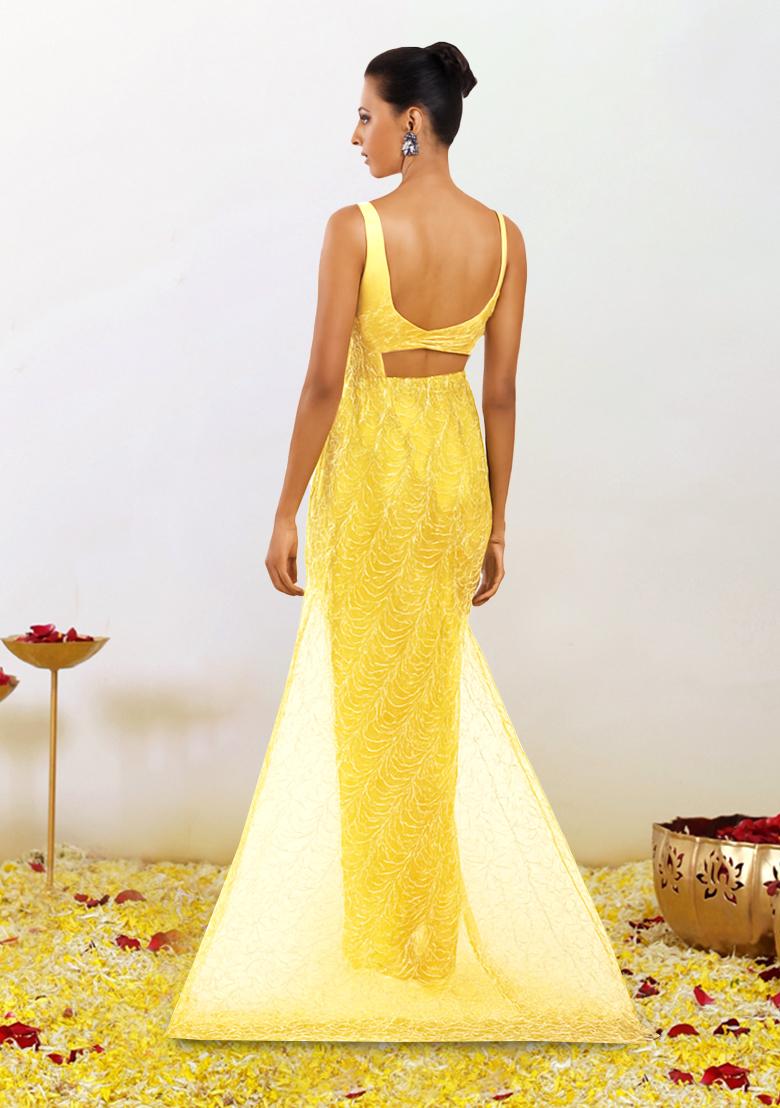 Yellow Sequins Embroidery Net Pre Draped Saree Set - Indya