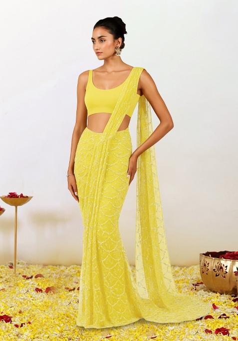 Yellow Sequins Embroidery Net Pre Draped Saree Set