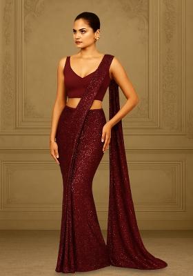Maroon Sequins Embroidery Net Pre Draped Saree Set