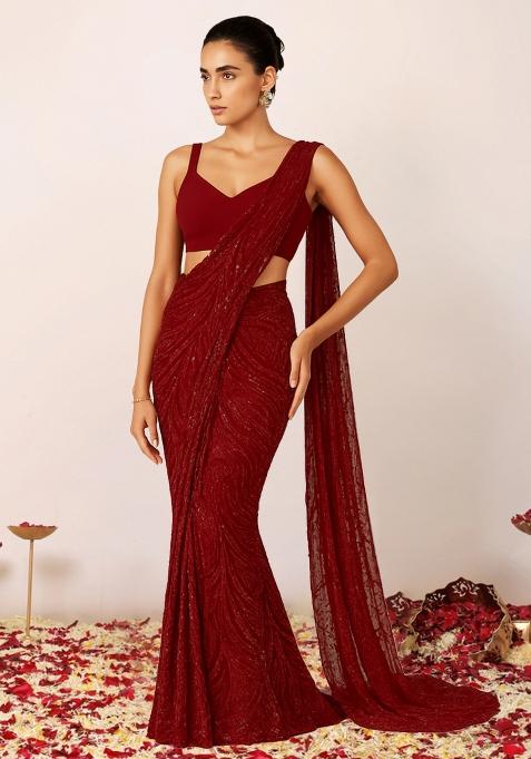 Red Sequins Embroidery Net Pre Draped Saree Set