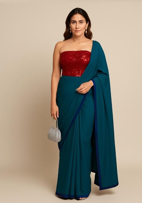 Red And Blue Sequins Embroidery Net Pre Draped Saree Set