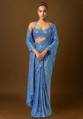 Blue Sequins Embroidery Net Pre Draped Saree Set