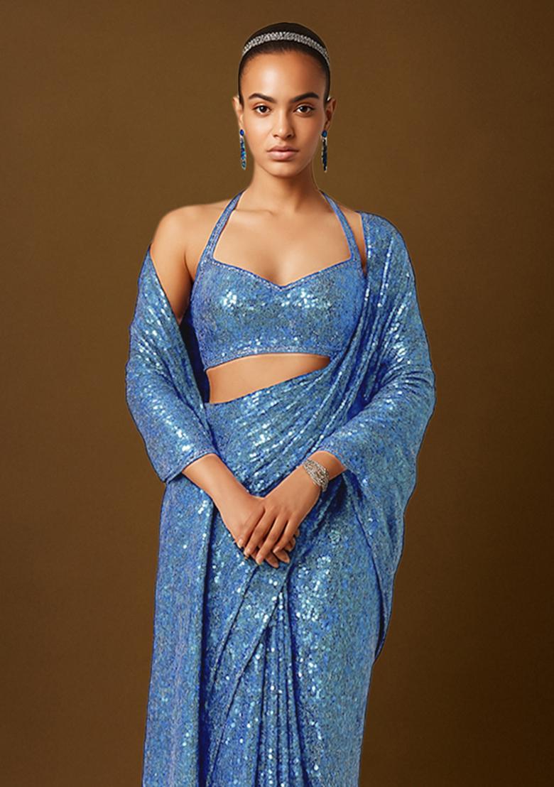 Blue Sequins Embroidery Net Pre Draped Saree Set - Indya